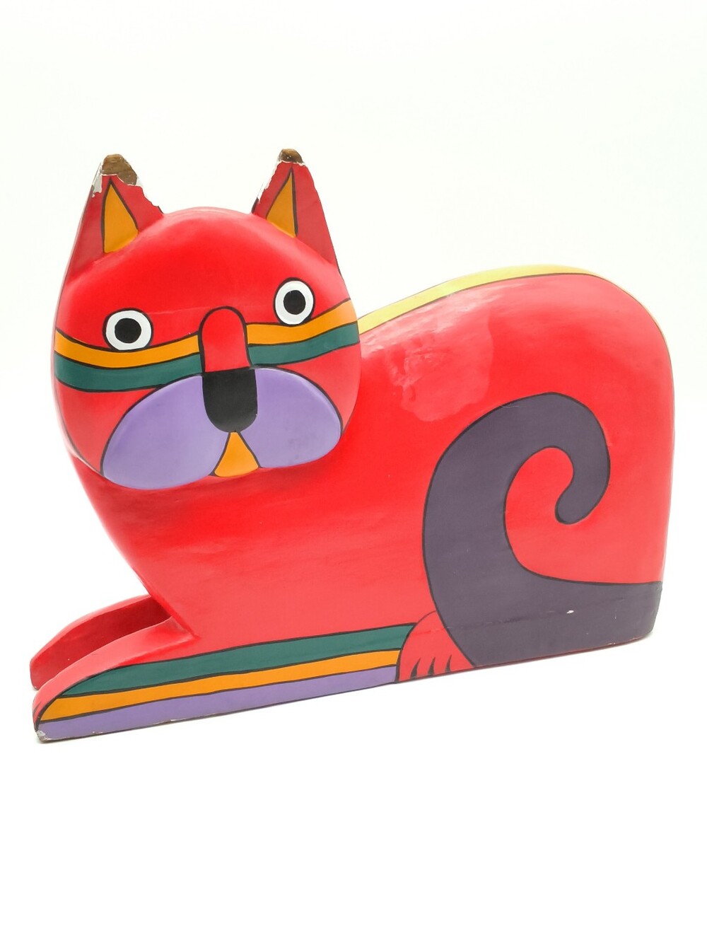 Vintage Laurel Burch Style Carved Wood Cat Statue Hand Painted Folk Art Figurine